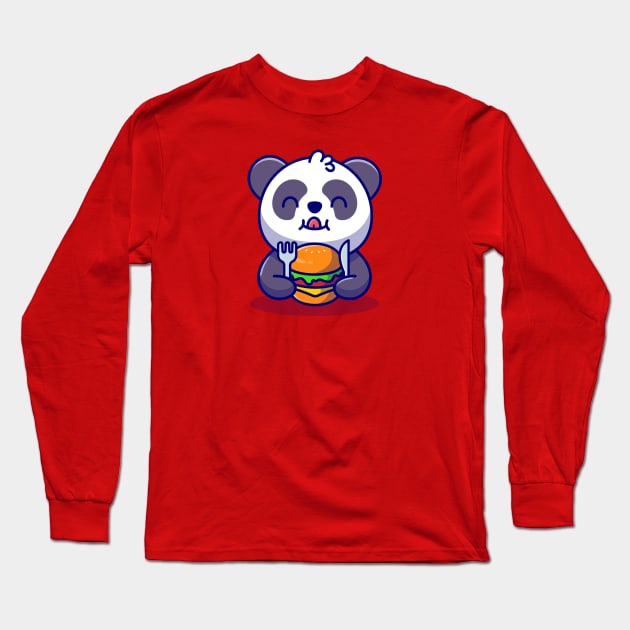 Cute Panda Eating Burger With Fork And Knife Cartoon Long Sleeve T-Shirt by Catalyst Labs